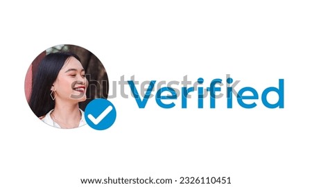 A blue checkmark next to a profile picture. A verified personal social media account indicated by a blue check. A validated and authenticated identity. Royalty-Free Stock Photo #2326110451