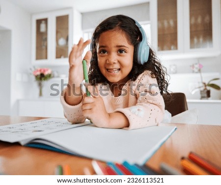 Girl child, home and drawing with headphones, notebook or smile for homework, learning or study at desk. Kid, music and education with audio streaming, book or pen for writing, notes or happy in home