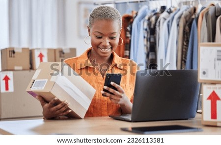 Black woman, phone and logistics of fashion designer for communication, sale or order at boutique store. Happy African female person or small business owner on smartphone for clothing payment at shop