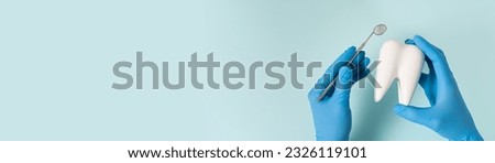Dental clinic banner. Dentist hands hold a healthy white tooth model and mirror on blue background. Copy space. Teeth whitening, dental treatment, implant concept, oral hygiene, teeth restoration. Royalty-Free Stock Photo #2326119101