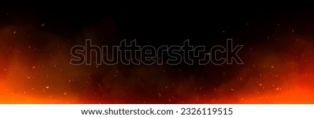 Background with fire sparks, embers and smoke. Overlay effect of burn coal, grill, hell or bonfire with flame glow, flying orange sparkles and fog on black background, vector realistic illustration Royalty-Free Stock Photo #2326119515