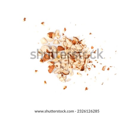 Nut Kernels Crumbs, Broken Hazelnuts Pile Isolated, Healthy Organic Crush Nuts Group, Hazel Nut Pieces on White Background Top View Royalty-Free Stock Photo #2326126285