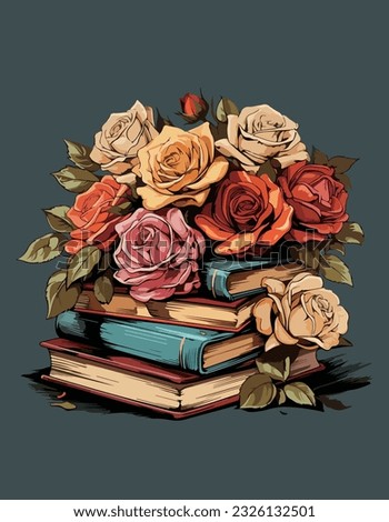 vector illustration of beautiful roses placed on a pile of old books. vintage style flowers and books clip art. isolated on solid color background. 