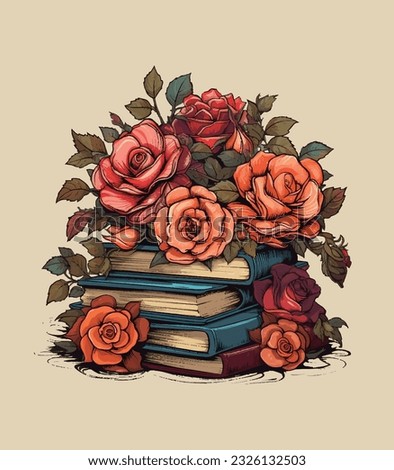 vector illustration of beautiful roses placed on a pile of old books. vintage style flowers and books clip art. isolated on solid color background. 