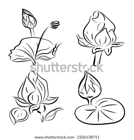 Lotus, water lily with scarlet flowers, buds and leaves,
Japanese traditional ink painting
 Eastern style sumie, ushun, gohua,
vector illustration.