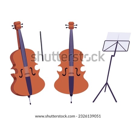 Cello music instrument with sheet music stand, flat vector illustration isolated on white background. Violin instrument drawing. Concepts of jazz music and music school.