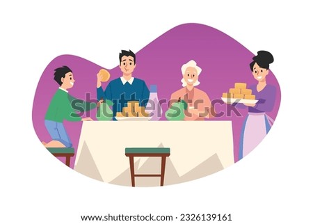 Happy family eating mooncake together, flat vector illustration isolated on white background. Chinese family celebrating Mid-Autumn Festival. Traditional Chinese holiday pastry.