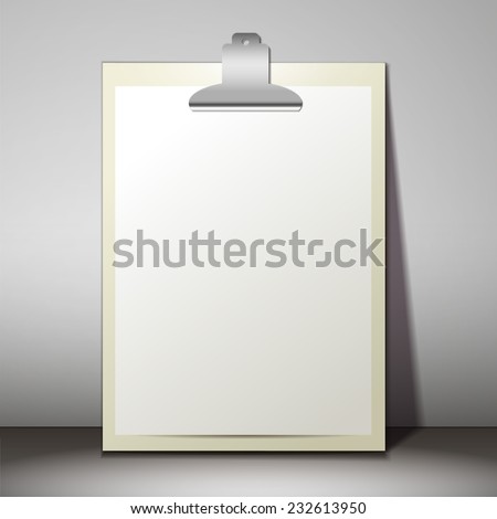 Blank white paper sheet in a clipboard of standing on the table, vector illustration for your image