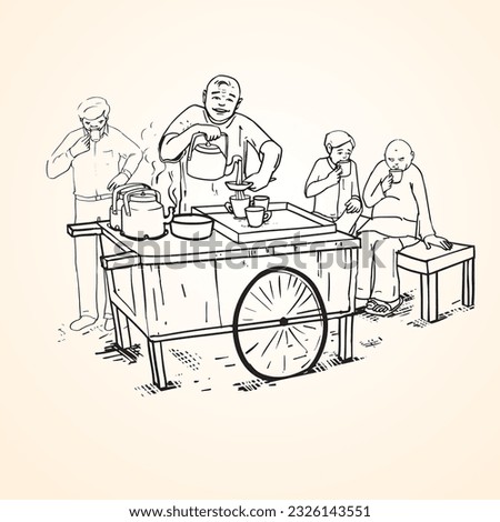 Outdoor mobile tea stall drawing vector illustration. Man selling hot tea and people are drinking. Royalty-Free Stock Photo #2326143551