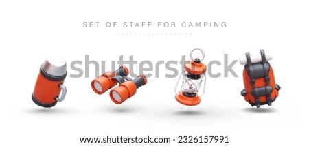 Set of stuff for camping. 3D thermos with handle, binoculars, kerosene lamp, backpack with rolled mat. Personal touristic equipment. Vector elements on white background Royalty-Free Stock Photo #2326157991