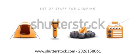 Camping property set. 3D tent, flashlight, radio, fireplace. Color vector illustration in orange and black. Images for touristic sites, applications. Hiking, trekking, mountaineering