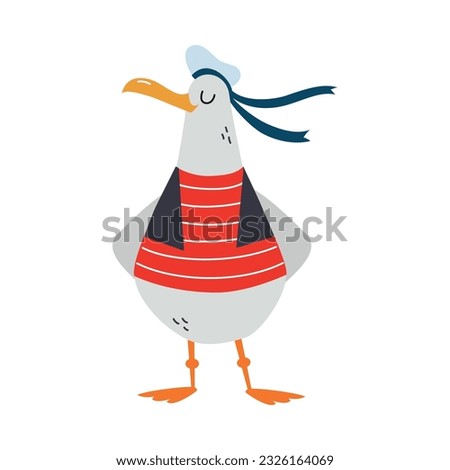 Gull Character with Webbed Feet Wearing Striped Vest and Hat Standing Vector Illustration Royalty-Free Stock Photo #2326164069