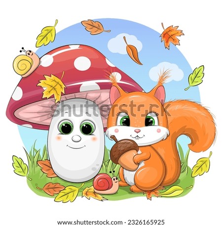 Cute cartoon squirrel with acorns and mushrooms in autumn. Vector illustration of an animal in nature.