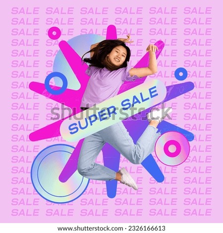 Super sale season, great time for cheap shopping. Young asian girl cheerfully jumping over abstract background. Contemporary artwork. Concept of shopping, sales, Black Friday, creativity. Banner, ad