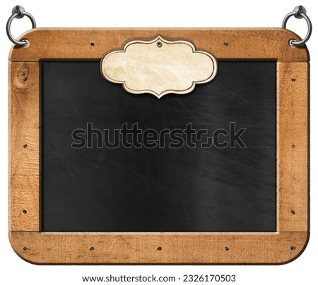Old blank blackboard with wooden rectangular frame and empty label. Steel rings for hanging. Isolated on white background and copy space, template.