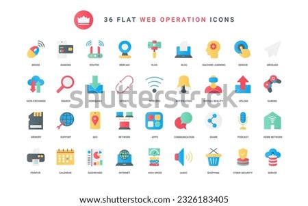 Router and high speed internet for data exchange and download, mobile apps for shopping and online cloud storage, cybersecurity. Web communication trendy flat icons set vector illustration