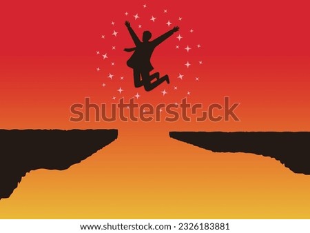 Business image A silhouette illustration of a businessman jumping over a cliff. Success, leap, challenge. Royalty-Free Stock Photo #2326183881