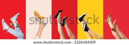 Set of female legs in different stylish shoes on color background Royalty-Free Stock Photo #2326184309
