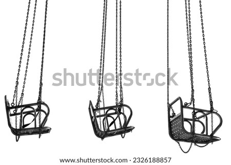 steel seat carousel ride hanging chair with metallic chains.  Close up. Illustration.  amusement park. metal, iron seat.  isolated on white background.  Royalty-Free Stock Photo #2326188857