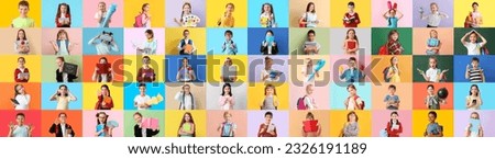 Collage with many little schoolchildren on color background Royalty-Free Stock Photo #2326191189