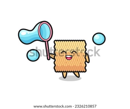 happy raw instant noodle cartoon playing soap bubble , cute style design for t shirt, sticker, logo element