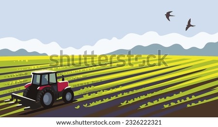 Agriculture landscape with tractor. Cultivating field Royalty-Free Stock Photo #2326222321
