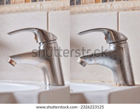 Compare image before- after cleaning with special detergent of the dirty stainless faucet cover with dirty hard calcium water stain in the bathroom. Old dirty faucet with clean and shiny like new Royalty-Free Stock Photo #2326223125