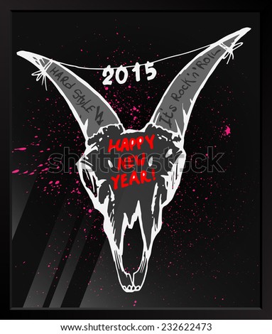black  grotesque rock card Happy New Year with skull goats.