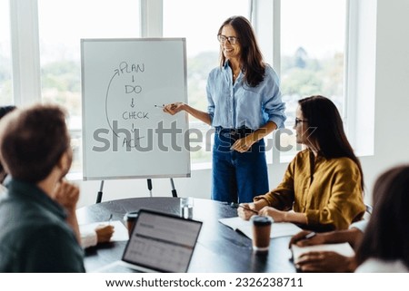 Business woman giving a presentation to her team in a meeting. Mature woman having a discussion with a group of design professionals in an office.