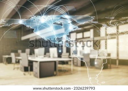 Abstract graphic digital world map hologram with connections on a modern furnished classroom background, globalization concept. Multiexposure