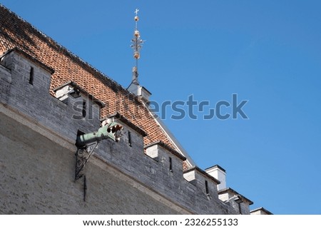 Tallinn Town Hall with rain gutter decorated with dragon gargoyle head on Tallinn Town Hall