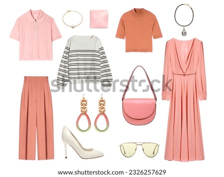 Coral orange female set of clothing isolated. Women's outfit. Elegant fashion clothes. Lady's apparel. Royalty-Free Stock Photo #2326257629