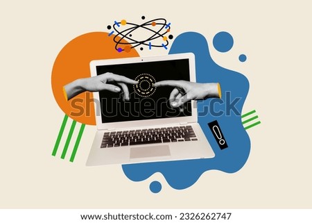 Collage connection teamwork online remote distance job working display laptop innovation science eureka isolated on drawn background