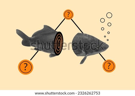 Banner imag 3d picture absurd collage illustration two parts of fish carp catfish question mark isolated on painted background
