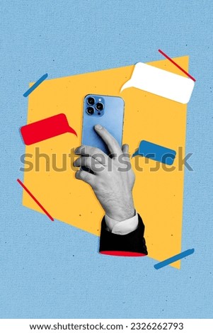 Vertical sketch 3d artwotk collage of male arm hold modern device iphone receive facebook instagram notification on retro background