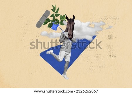 Collage image of black white effect horse head guy arms hold net catch plant leaves medical patch clouds sky isolated on beige background