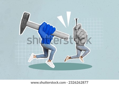 Composite collage picture of two arms mini people legs running hold hammer nail isolated on painted creative background