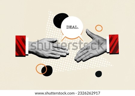 Photo banner collage illustration of handshaking togetherness deal commerce illegal proposition corruption isolated on beige background Royalty-Free Stock Photo #2326262917