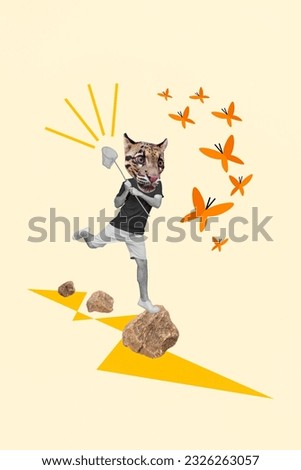 Photo collage artwork minimal picture of excited funky tiger head guy catching butterflies isolated beige color background