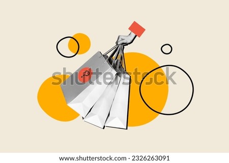 Collage photo of package paper bargains shopping bags guess what inside surprise question mark proposition isolated on beige background