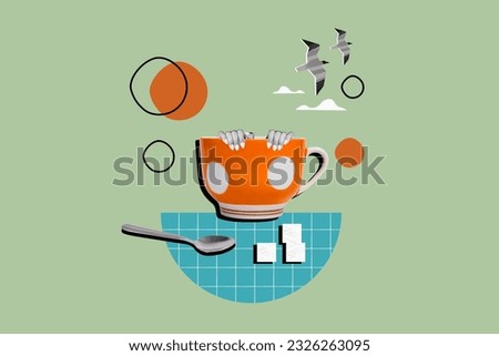 Advert picture image pop collage of woman fingers inside large cup drink unhealthy sugary addiction isolated on painted green background