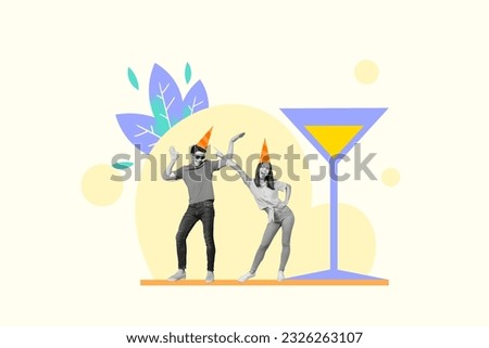 Poster banner image artwork collage of cheerful happy people celebrate festive event occasion isolated on painting background
