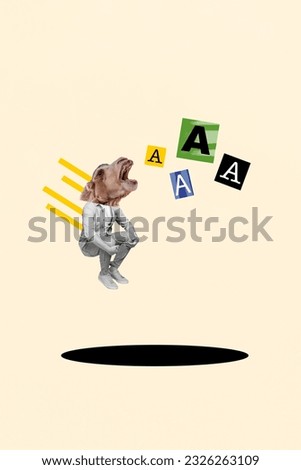 Collage graphics picture of scared camel head guy jumping falling hole isolated painting beige color background