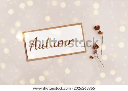 Autumn come concept Top view white paper card with word autumn and craft paper envelopment with trend dry flower, fall beige brown colors still life photo with golden bokeh, sun glare, floral flat lay