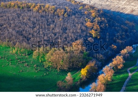 Aerial view of the river and forest in autumn. Nature view from above