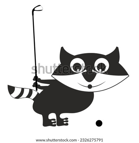 Cute raccoon playing golf course. 
Cartoon raccoon with a golf club trying to do a good shot. Black and white
