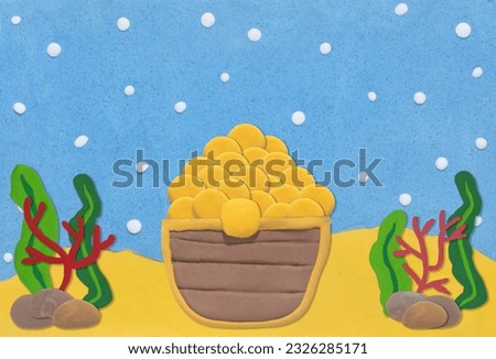treasure chest in under sea with coral seaweed stone background made from plasticine