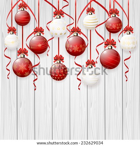 Red Christmas balls on white wooden background, illustration.