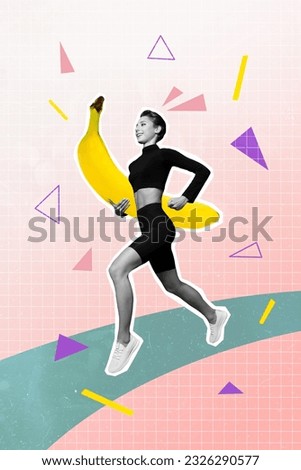 Vertical 3d collage picture of positive black white colors girl running hand hold big banana isolated on painted background