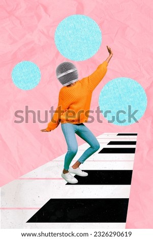 Vertical collage picture of mini person microphone instead head dancing big piano keys isolated on paper pink background